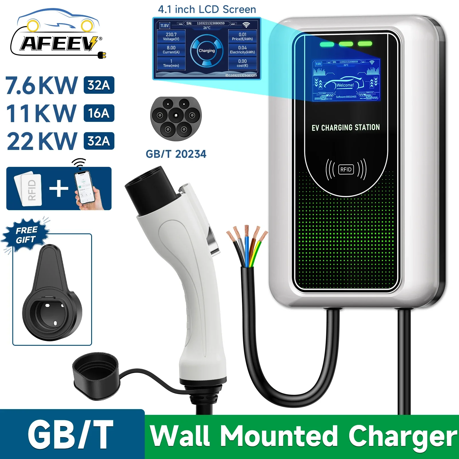 AFEEV-Station de recharge pour véhicule électrique, chargeur de voiture, boîtier mural EVSE, Wi-Fi, 7.6 KW, 11 KW, 22KW, GB, T 20234, 16 A, 32A