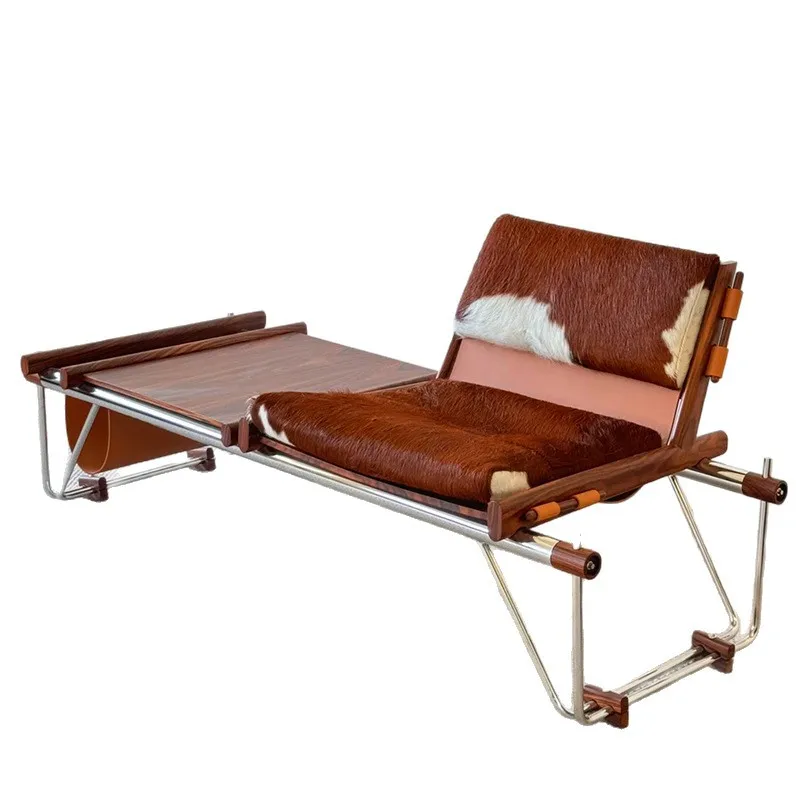 

Milk cowhide stainless steel ash wood leisure chair, living room single sofa chair