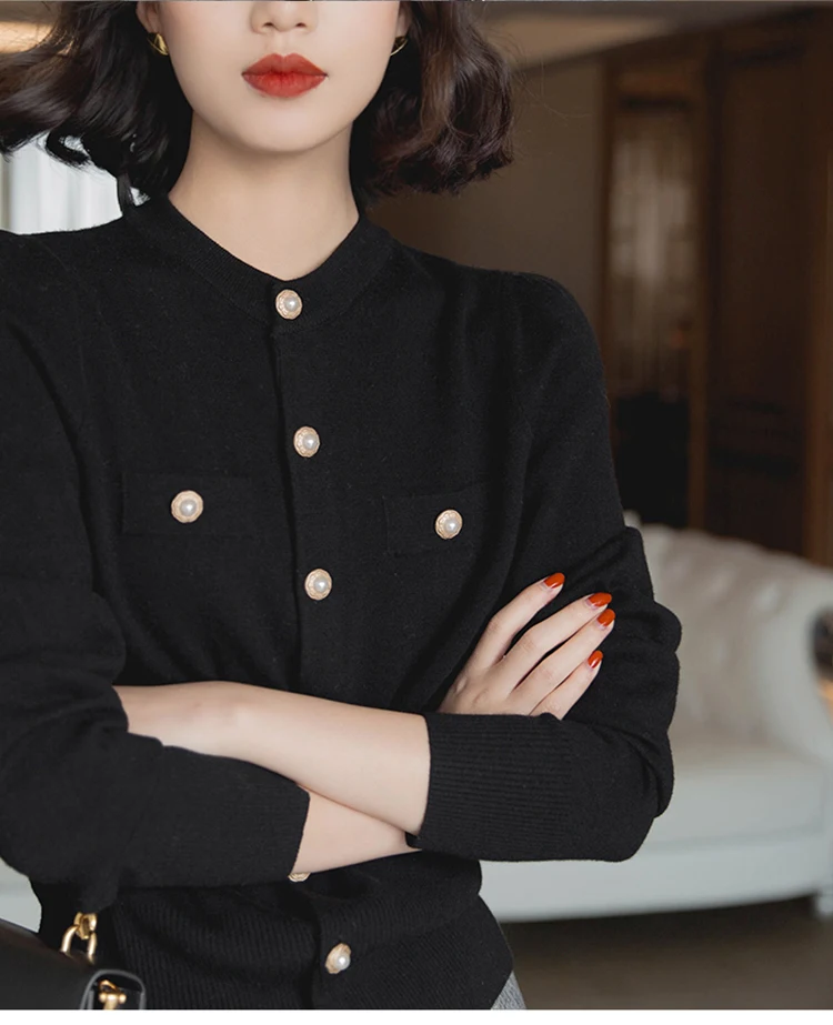 Maglione lavorato a maglia Cardigan da donna Nuovo colletto alla coreana a maniche lunghe Maglione lavorato a maglia nero Cardigan Donna Top Sueters De Mujer 2025 Q1195