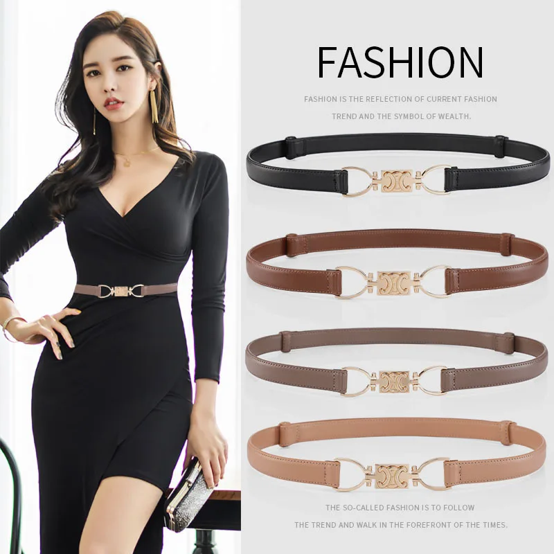 

A New European and American Style Button-down Cowhide Women's Leather Belt Dress Decorated with A Thin Suit Belt