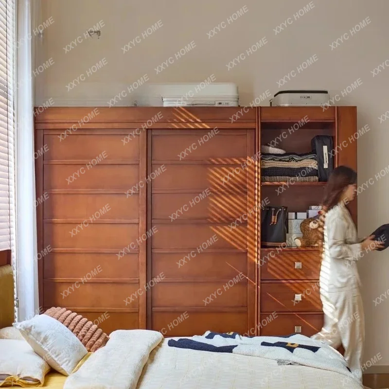 XXRetro all-solid wood large wardrobe bedroom small apartment household sliding door sliding door storage