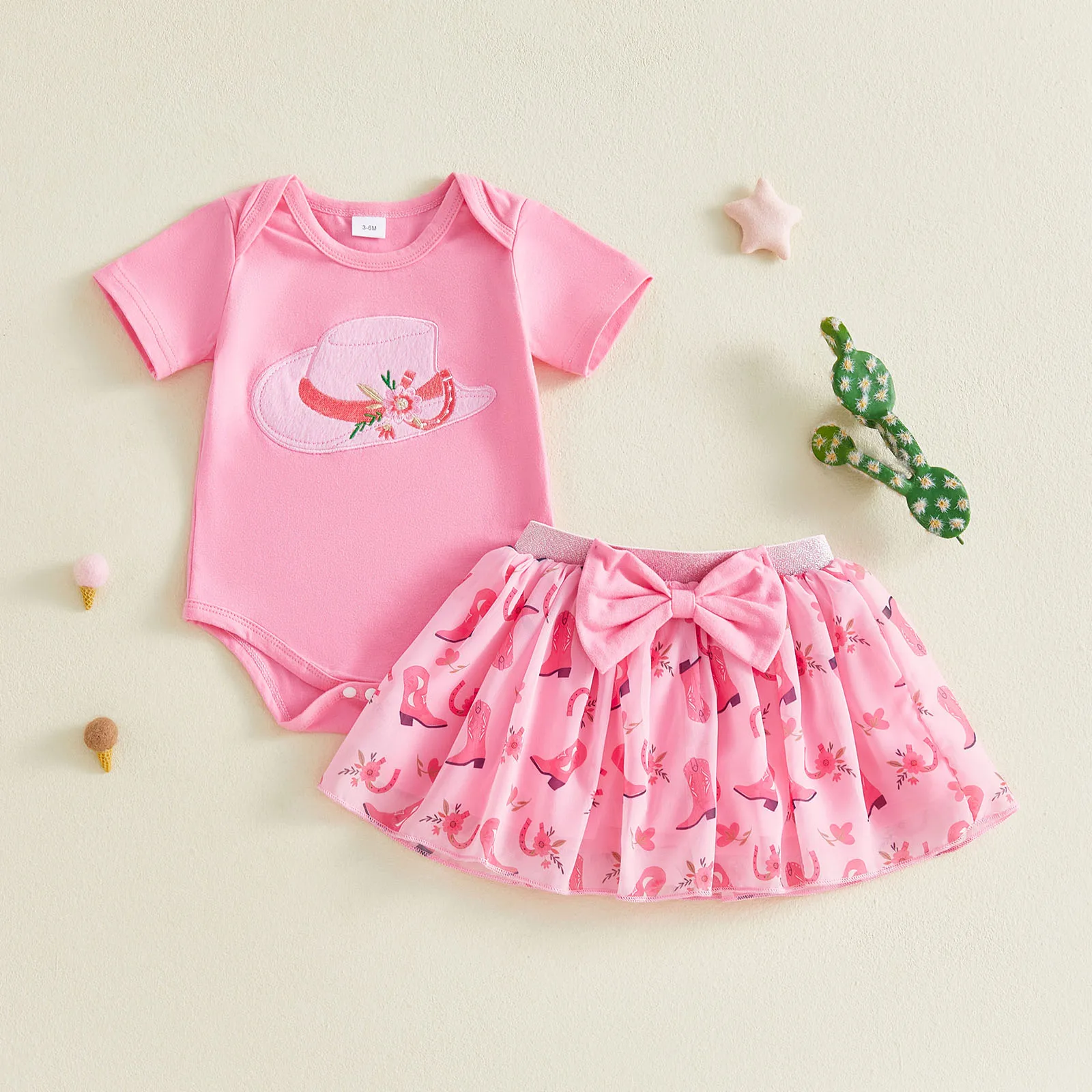 Baby Girl Western Clothing Set Cute Short Sleeve Cowgirl Hat Embroidery Romper with Skirt 2Pcs Summer Girls Outfit