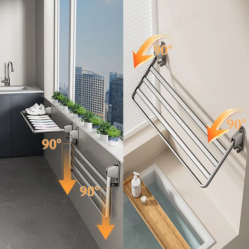 Foldable Wall Mount Clothes Rack, Aluminum No Drill Balcony Hanger for Shoes Dolls Laundry Drying