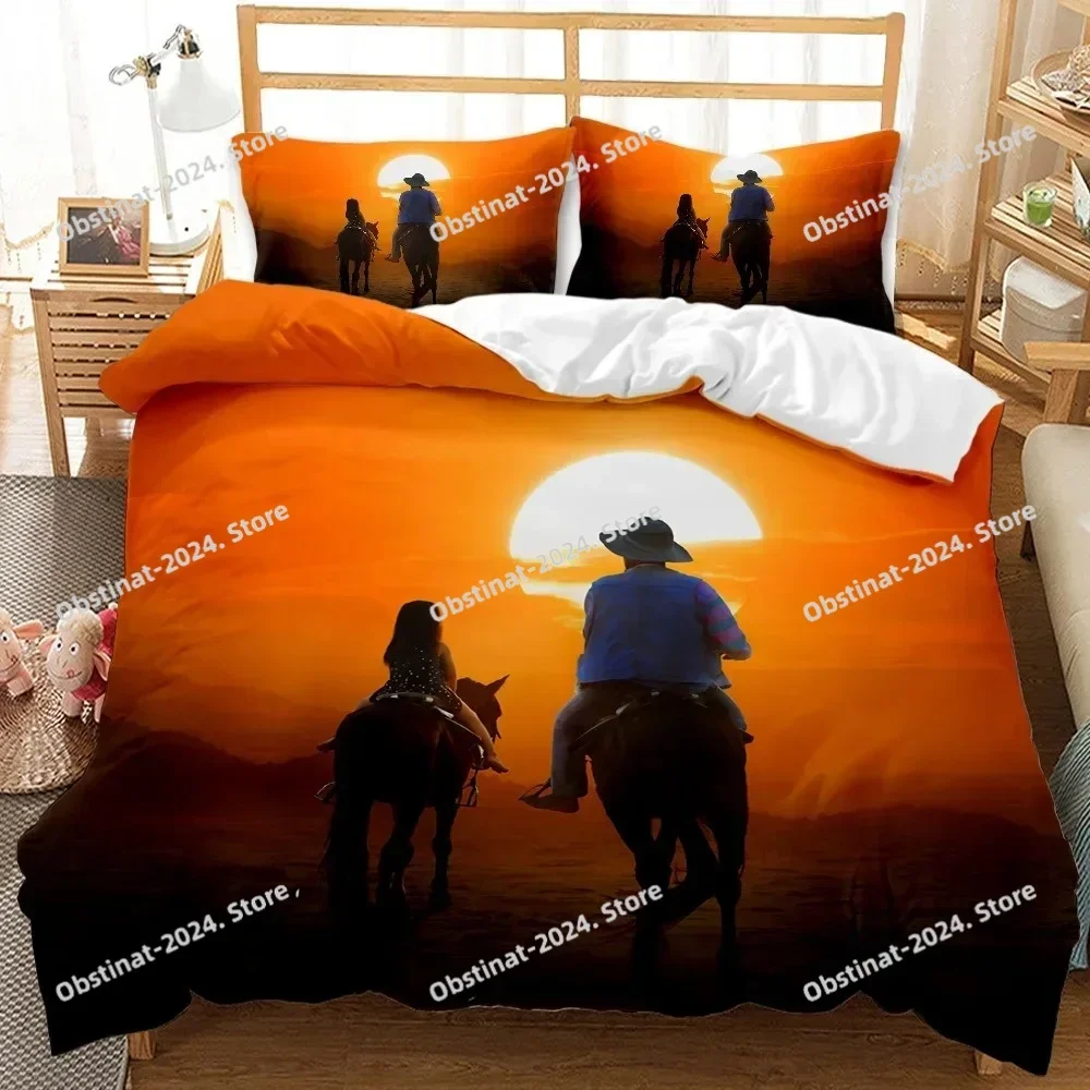 Western Cowboy Bedding Set Sunset Scenery Duvet Cover Full Queen King Size Pillowcase Bed Printed Aldult Kid Bedroom Single Twin