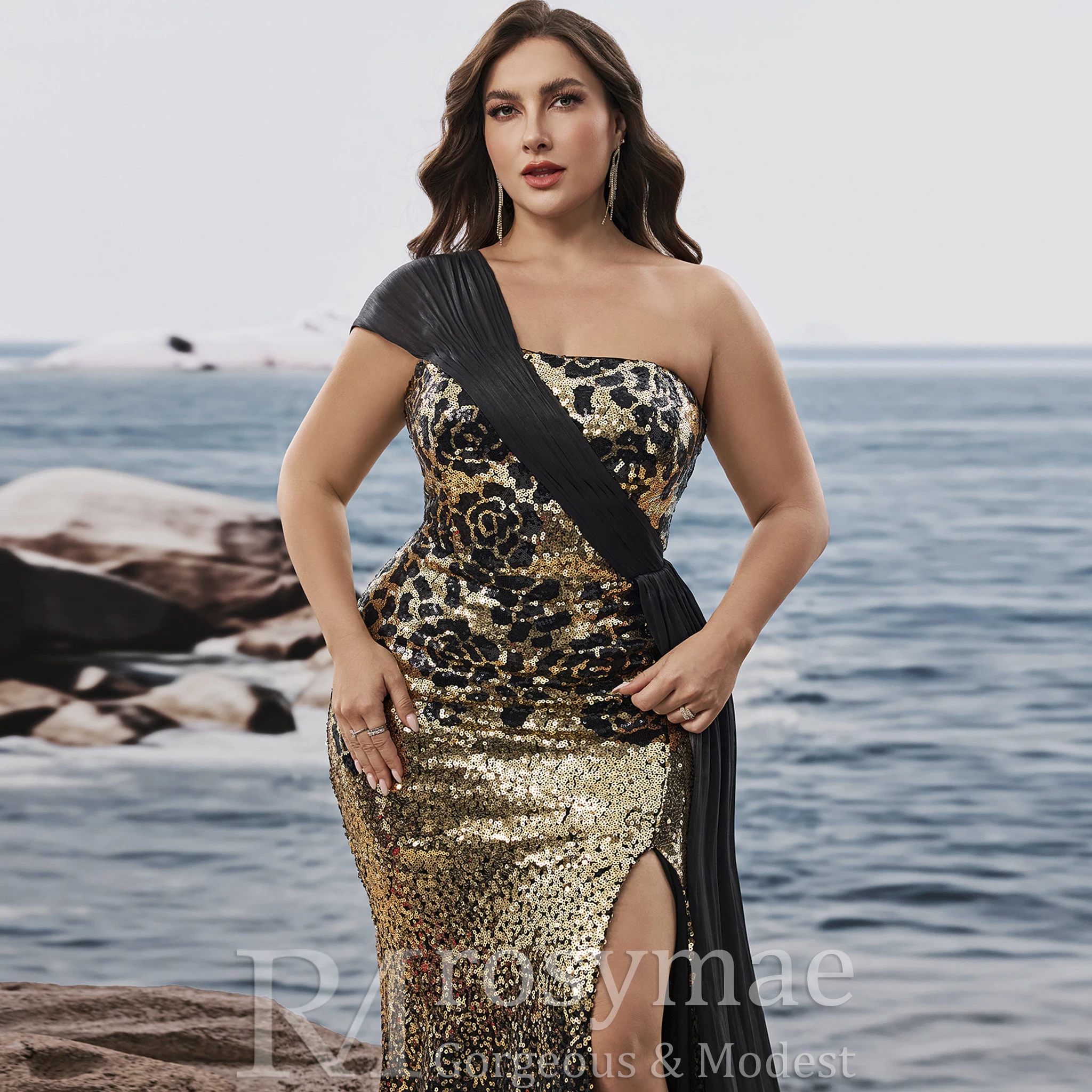 Rosymae Plus Size Elegante off-shoulder Mouwloze Avondjurken Luxe Slit Bruiloft Zeemeermin Lint Cocktailjurken