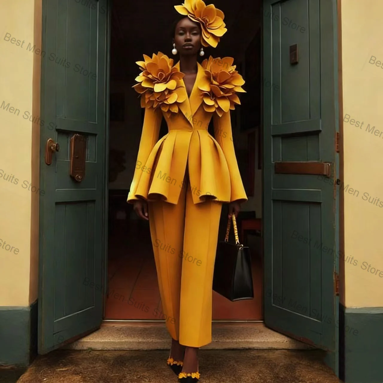 Yellow Women Suit Set 2 Pcs Blazer Pants Trousers 3D Flowers Ruffles Hem Formal Office Jacket Customized Wedding Guest Coat view 2