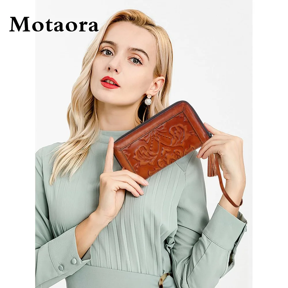 Women's Leather Wallet Large Capacity Genuine Cowhide Card Holder Phone Clutch Purse with Detachable Hand Strap 2025 New Retro
