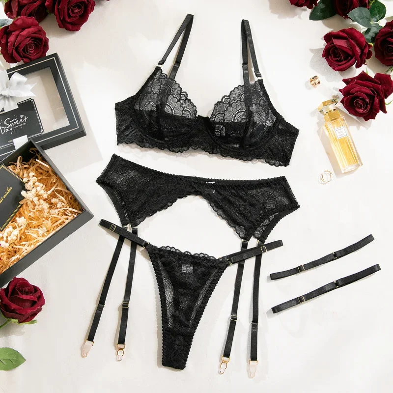 

Bikini Fashion Sexy Lingerie French Lace Trim Hollow Bra Thong Four-Piece Set