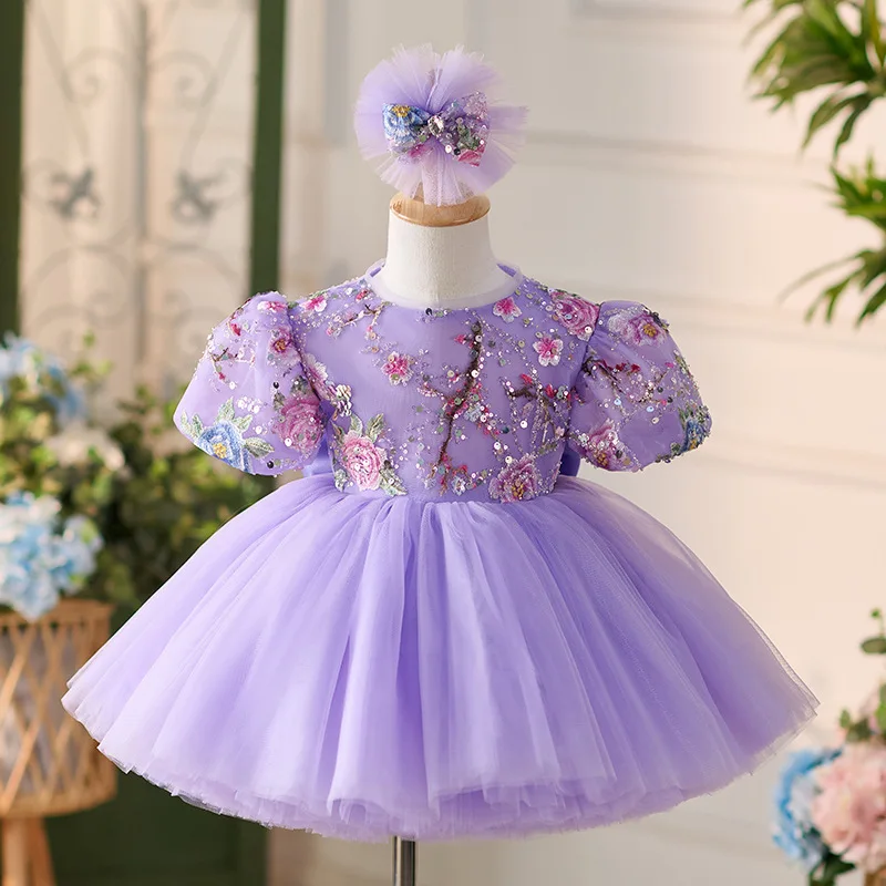 3-12t Girls dress Sequin flower puffed sleeve satin birthday party dress Communion dress，suitable for a variety o