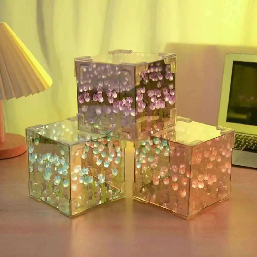 

Mirror Light Handmade Tulips Cube Mirror Lamp Soft Glow Night Light Desktop Decoration Diy Easy Install Craft for Home Decor Led