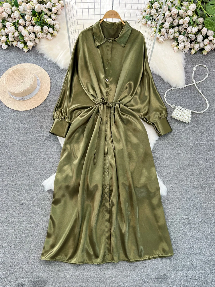 Matakawa Satin lange Kleider einreihig Frühling Herbst solide elegante Vestidos Mujer Mode einfache A-Linie Frauen Kleid