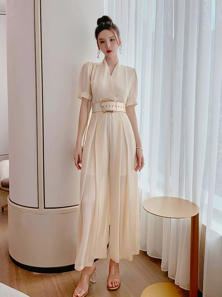 

Ele Godd Sle One-Piece Pants V-Ne Waist-Cinching Slimming Wide Leg Pants High Waist Long Pants Thin Summer Workwear