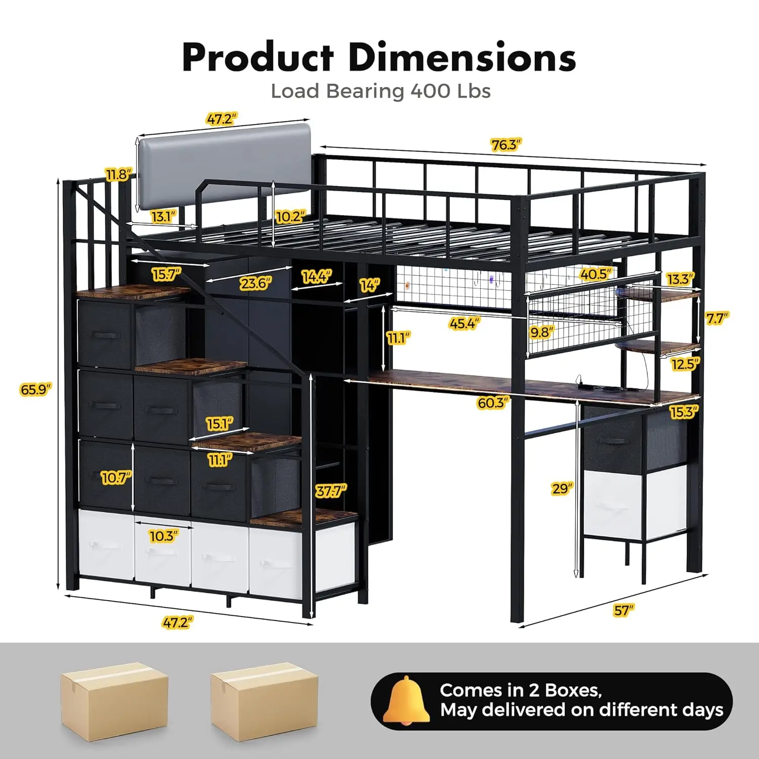 Loft Bed with Desk Stairs LED Gaming Frame Guardrail Charging Closet Drawers Space Saving, Customized