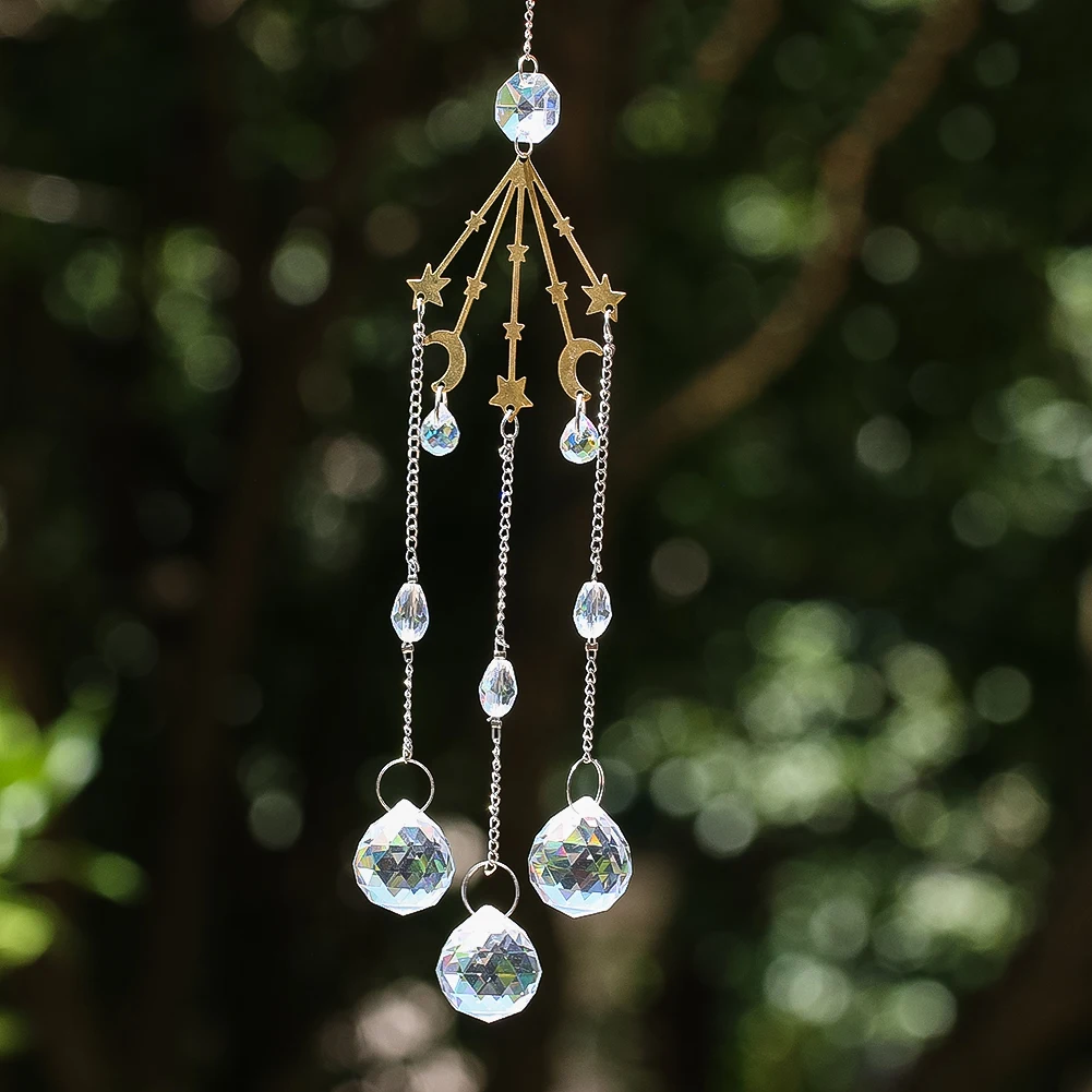 Star Moon Suncatcher Crystal Wind Chimes Hanging Prism Ball Beaded Chain Hook Daylight Catcher Rainbow Maker Garden Window Decor