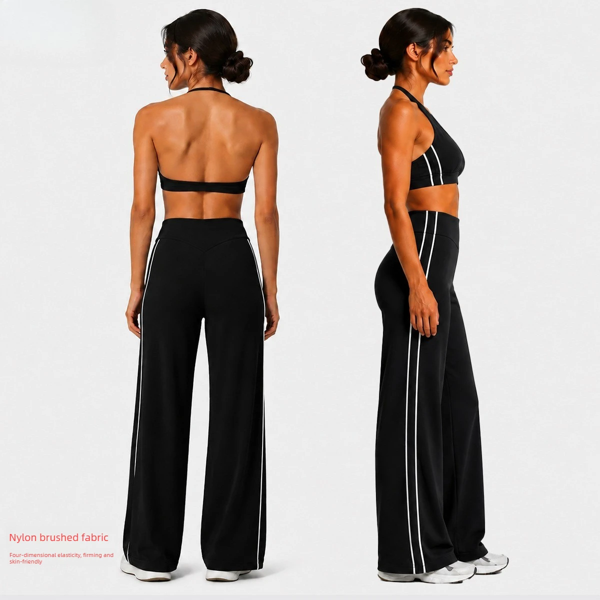 Women 2Pcs Yoga Sets Halter Deep V Sports Bra High Waist Double Side White Stripe Wide Leg Pants Casual Gym Fitness Workout Set