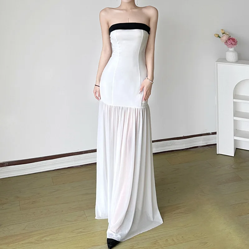 

French pure to contrast color patchwork strapless dress female summer sexy off-the-shoulder bow tie mesh dress