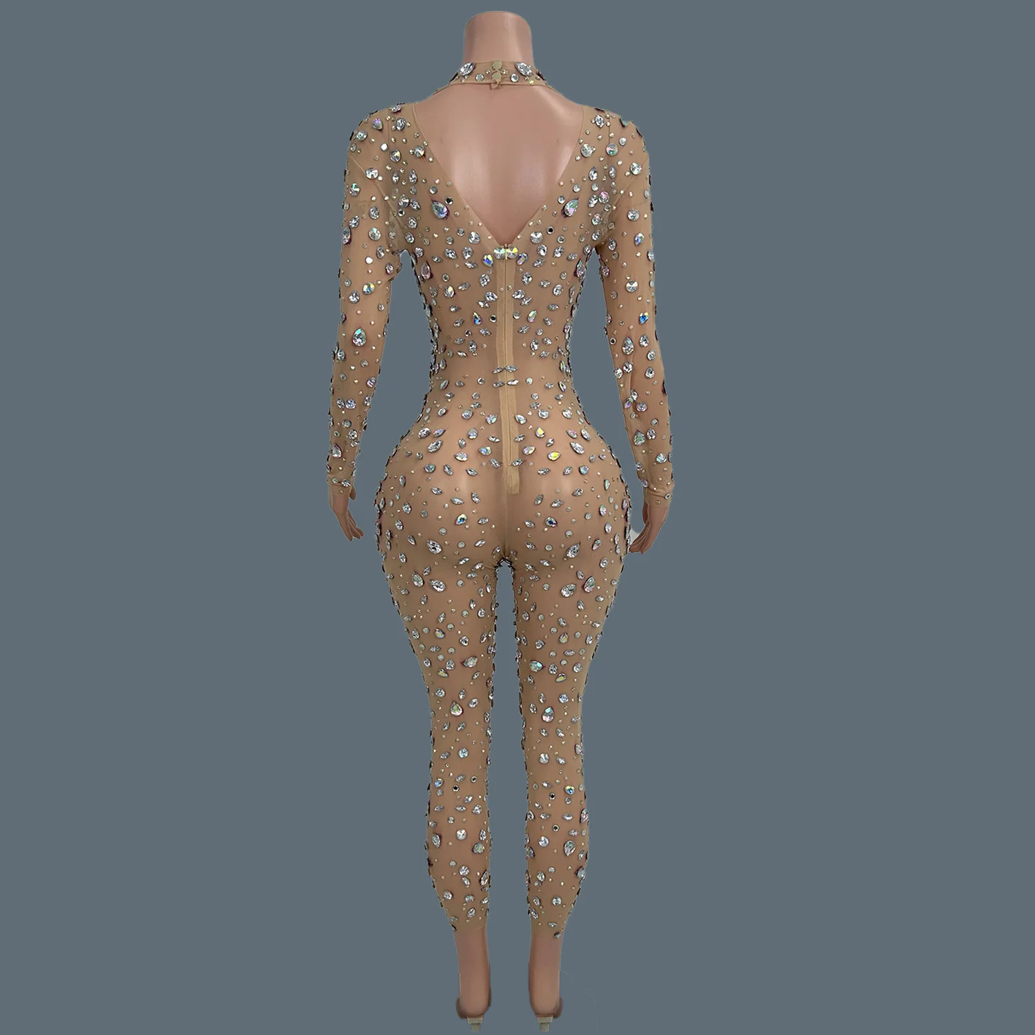 Luxury Iridescent Crystal Rhinestone Mesh Jumpsuit Sexy Women Long Sleeve Nightclub Party Stage Performance Sparkly Outfit Puer