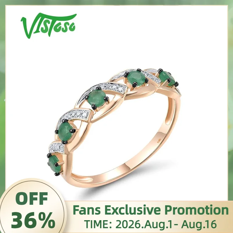 VISTOSO Authentic 14K 585 Rose Gold Ring For Women Sparkling Diamond And Emerald Engagement Wedding Party Fine Fashion Jewelry