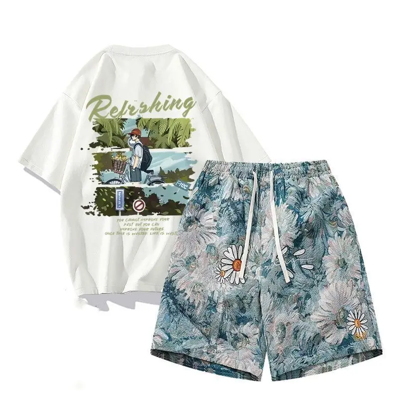 

Couple's Summer Sportswear Set ort Sve T-irt And ort Pants Printed Casual Wear for Men Youth Two-Piece Outfit