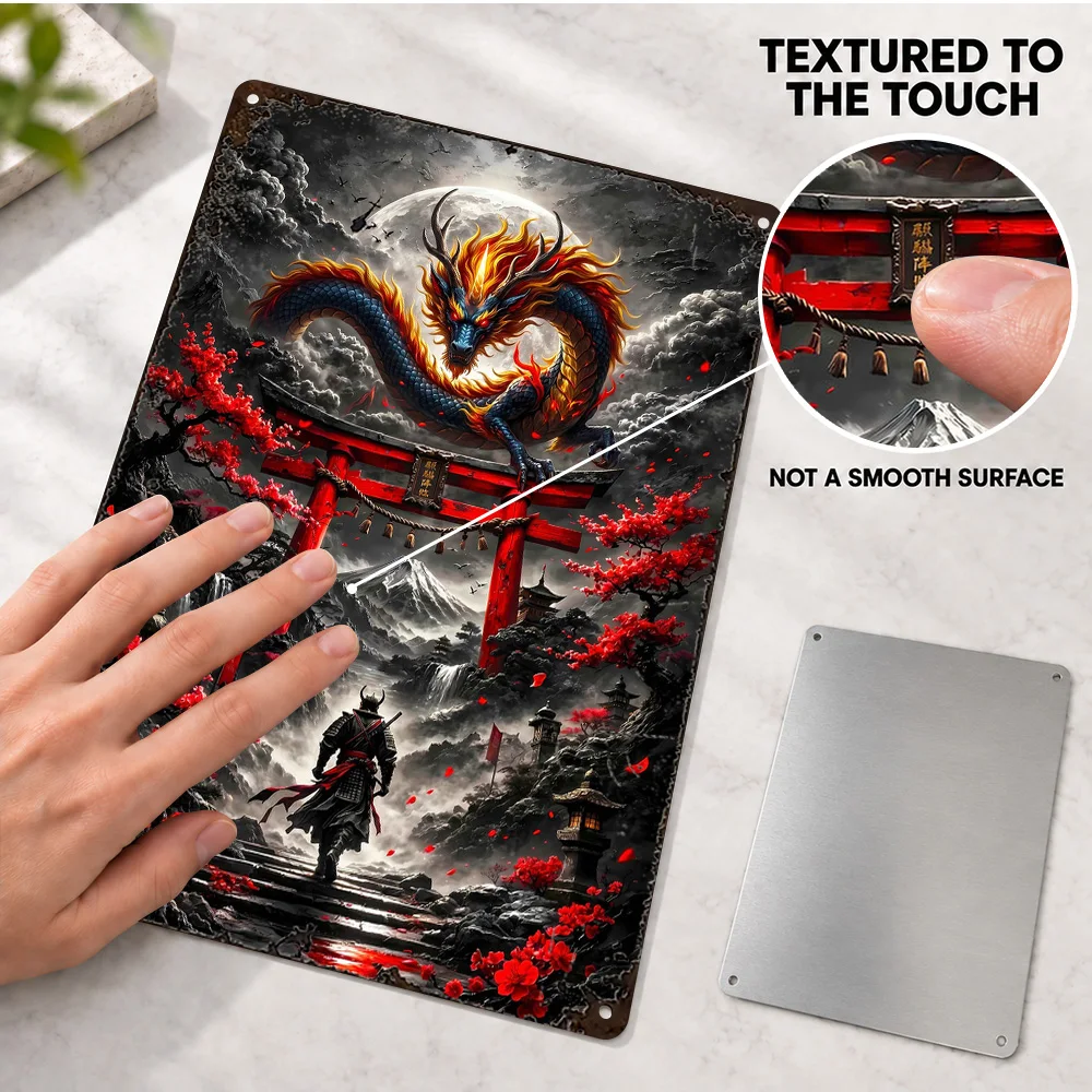 Samurai Facing A Mythical Dragon Aluminum Poster Customized Metal Sign Dramatic Fantasy Illustration Wall Art For Living Room