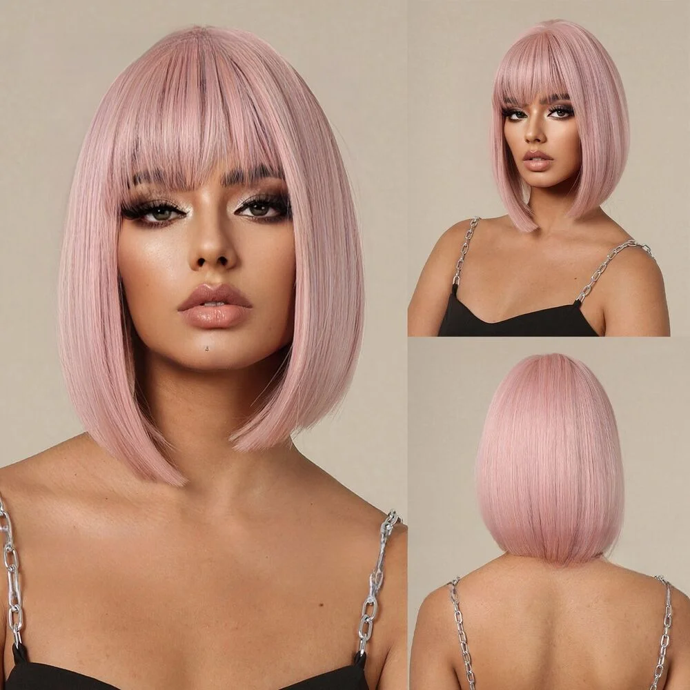 Women's wig Short hair pink brown Optional wigs breathable Synthetic