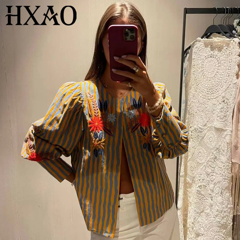 HXAO Striped Floral Embroidered Jacket Women's Jacket Autumn 2026 Vintage Boho Crop Puff Long Sleeve Cardigan Vacation Outerwear