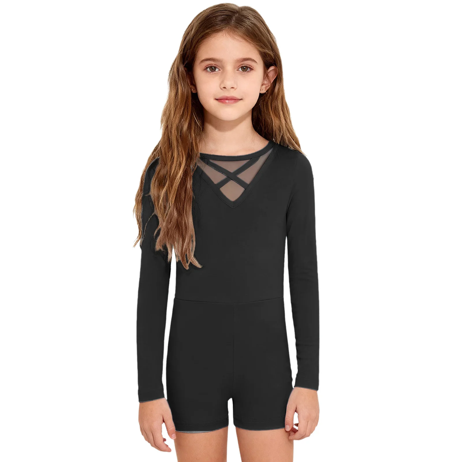 

Kids Girls Ballet Gymnastics Jumpsuit Rompers Long Sleeves Sheer Mesh Cross Front Dance Bodysuit Ballerina Practice Dancewear