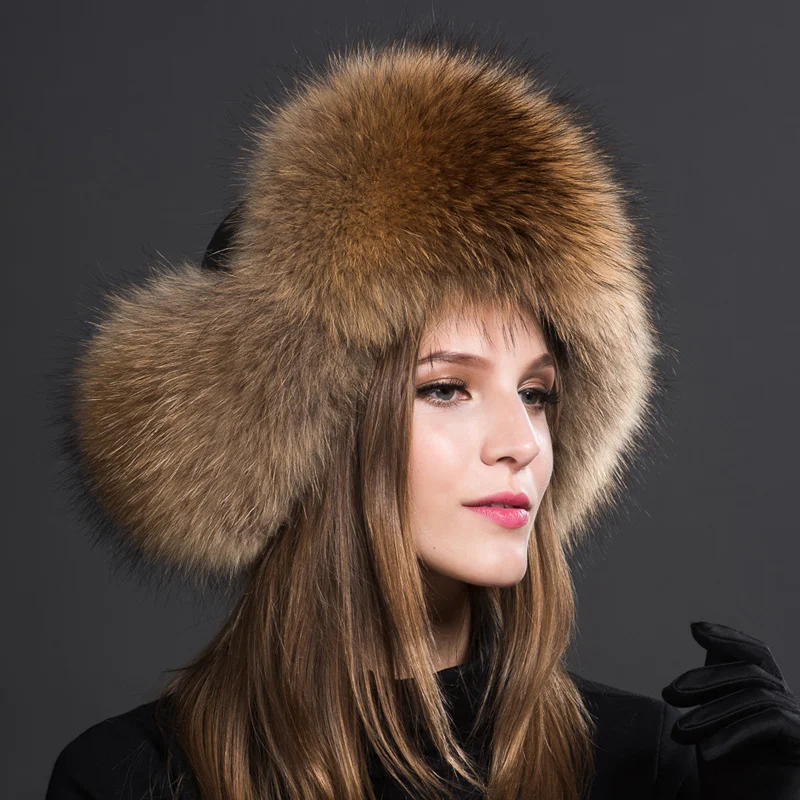 

Winter Fur Hat Real Raccoon Fur Hat Natural Fur Bomber Hat With Ear Flaps For Women Skiing Hat Outdoor Earflap Hat Thick Fur Hat