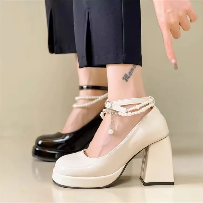 

French Fashion Shallow Mouth Pearl JK Style Mary Jane Shoes Spring/Autumn Waterproof Platform Thick Heel High Heels