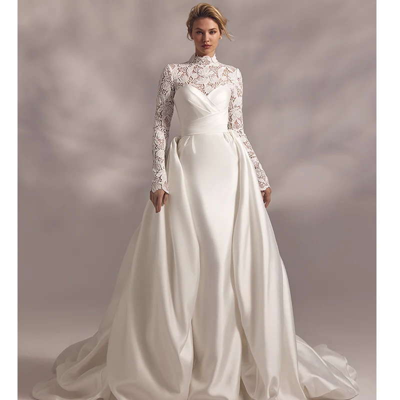 

ZOCI Detachable Train Wedding Dress Satin With Embroidery Mermaid Ballgown High-Neck Detachable Top Fullsleeve Robe MariéE Satin