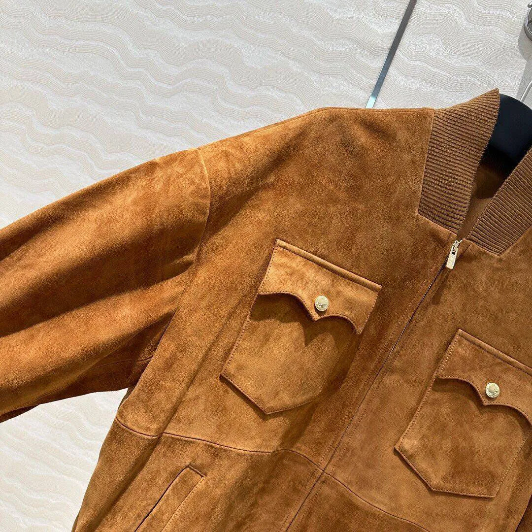 New Autumn 100% Suede Sheepskin Loose Brown Vintage Jacket Women Threaded O-neck Splicing Flip Pocket Gold Buckle Retro Coat