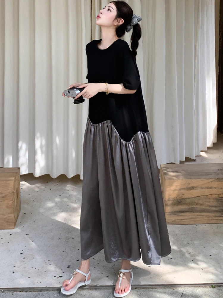 NYFS فستان صيفي 2025 كوريا نمط المرأة فضفاضة حجم كبير كم قصير المرقعة الدهون ملم فستان طويل رداء Elbise