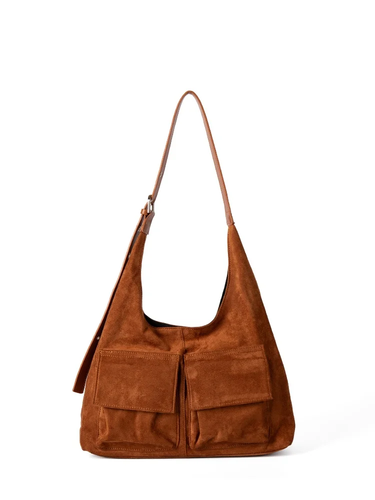 2025 حقيبة كروس متعددة الجيوب بلون واحد للنساء حقيبة كتف من جلد الغزال عالية الملمس متعددة الاستخدامات حقائب تسوق ذات سعة كبيرة