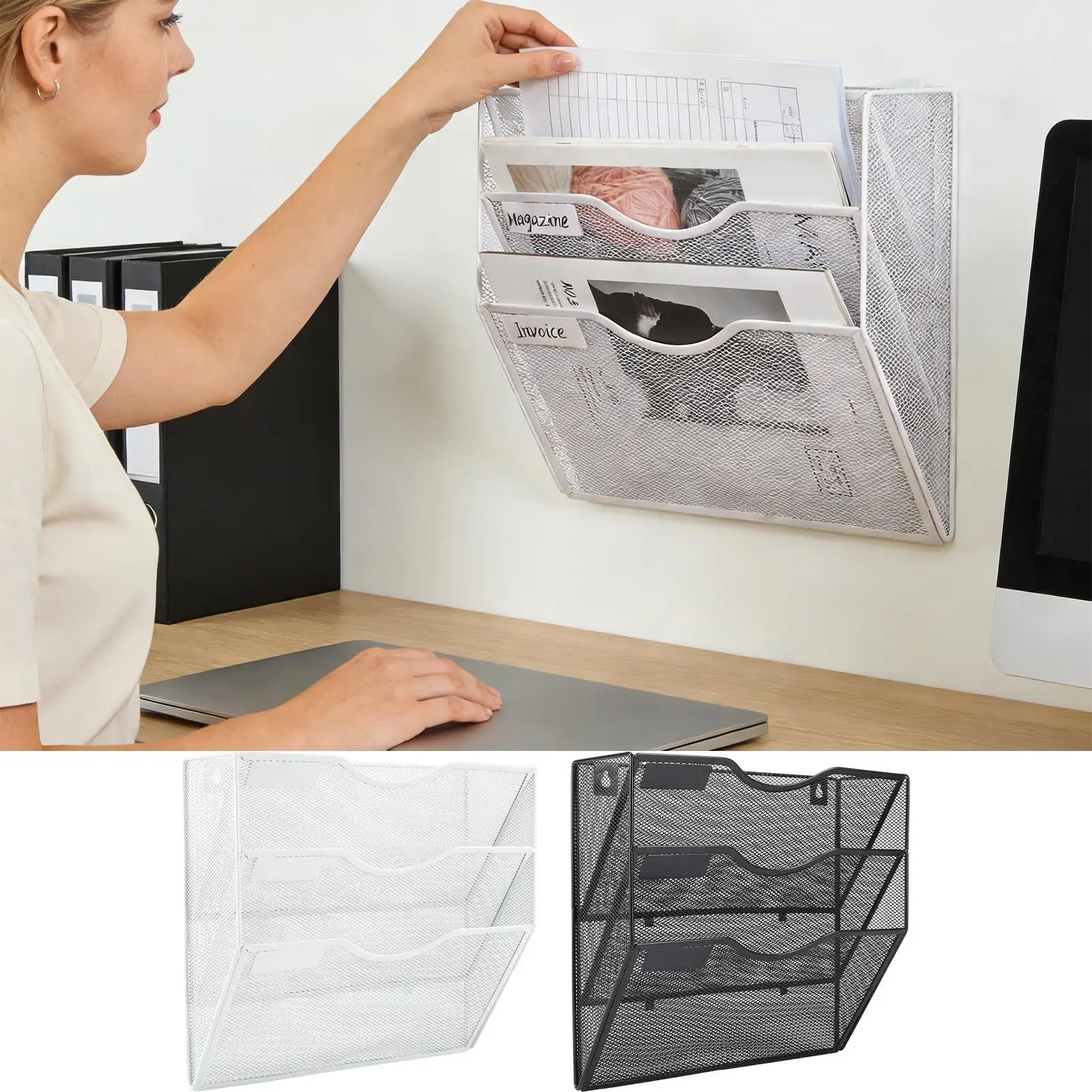 Wall File Organizer Shelf 3-Tier Vertical Mesh Metal Rack Tray Storage Box Sorter Divider Wall Mounted Document Storage Rack