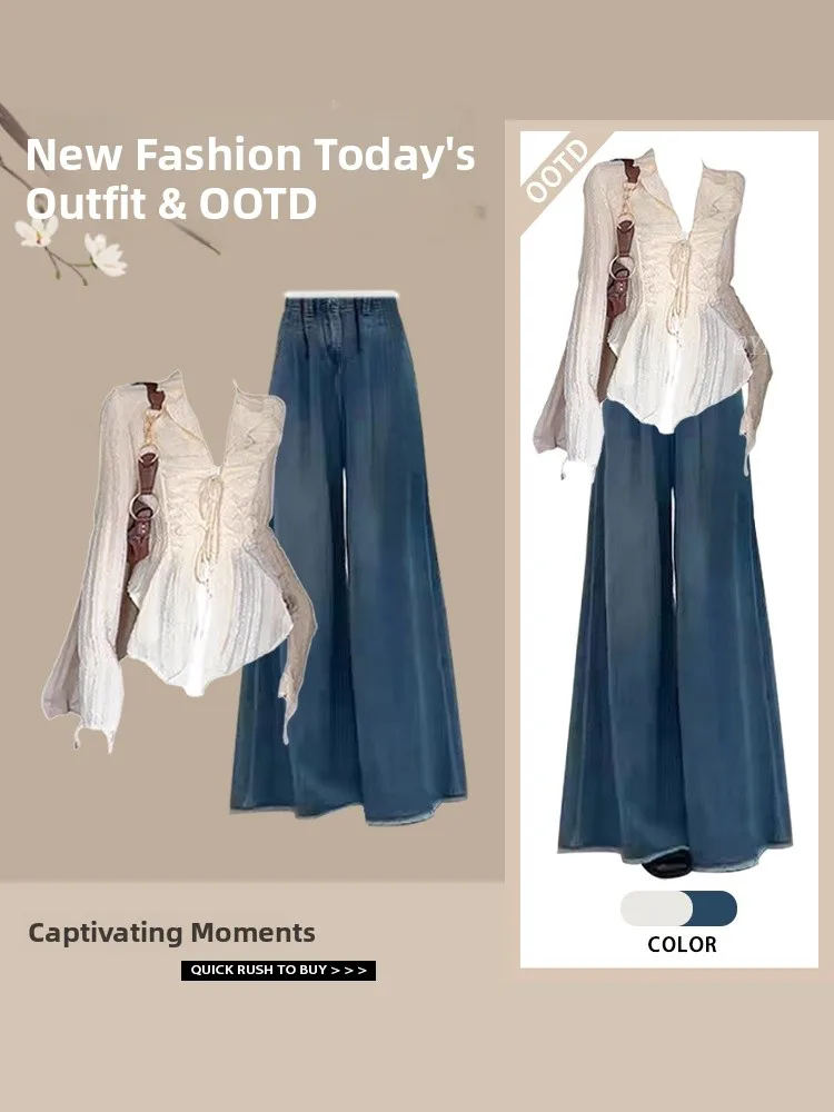 

Sexy Spicy Girl Shirt And Wide Leg Jeans Two Piece Set Salt Series Belted Spring Autumn Slimming High Waist Denim Casual Wear