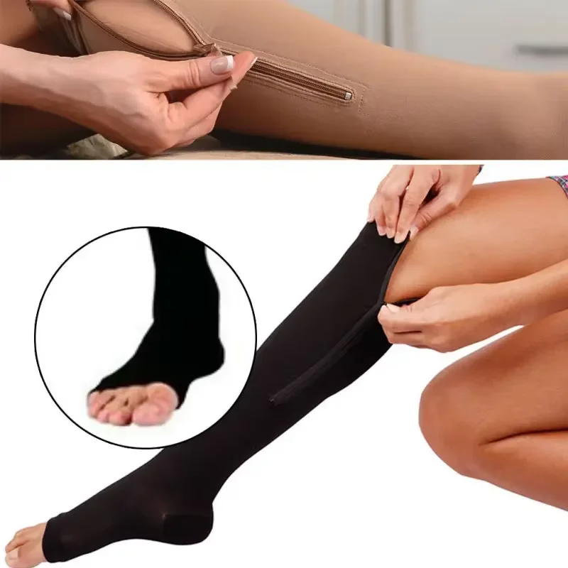 Compression Socks Men Women Support Knee Zipper Female Open Toe Thin Anti Fatigue Stretchy Sox High Socks Unisex Shapewear