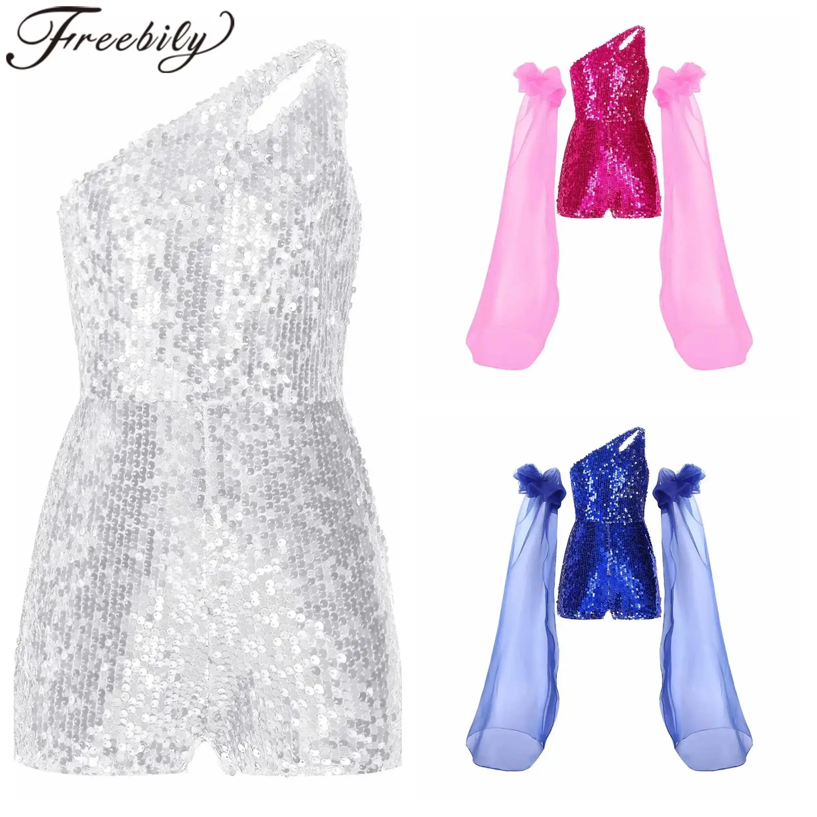 Kids One Shoulders Sleeveless Jumpsuit Performance Birthday Party Wear Girls Shiny Sequin Prom Dance Rompers with Puff Sleeves