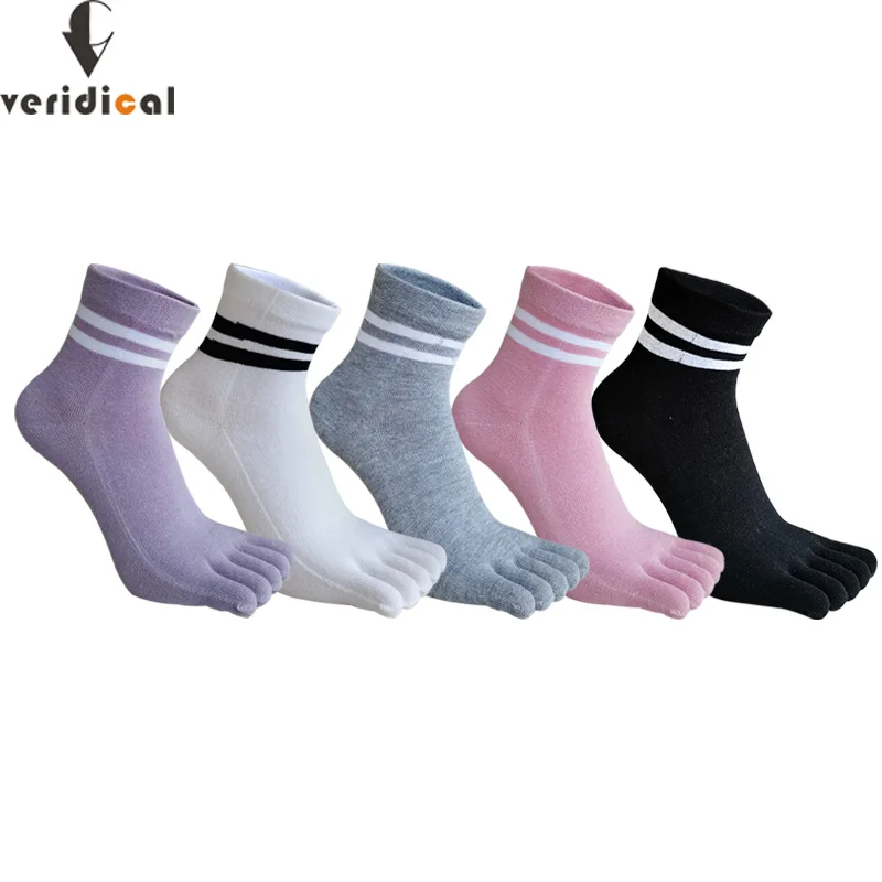 Cotton 5 Finger Socks Short Women Striped Solid Soft Elastic Breathable Student Young Casual Harajuku Toe Socks 4 Seasons