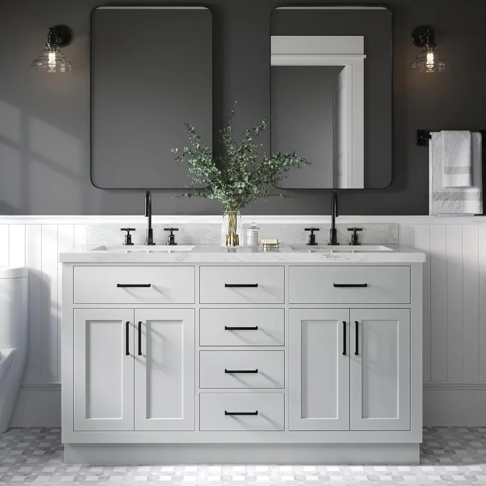 

Double vanity 61" Grey with 1.5" Edge Marble Countertop & Splash, Rectangular Sinks, 4 Soft Closing Doors