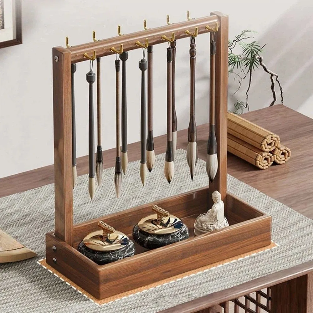 Traditional Calligraphy Brush Hanger Multifunctional Desktop Storage Writing Brush Organizer 12 Brushes Wood Color