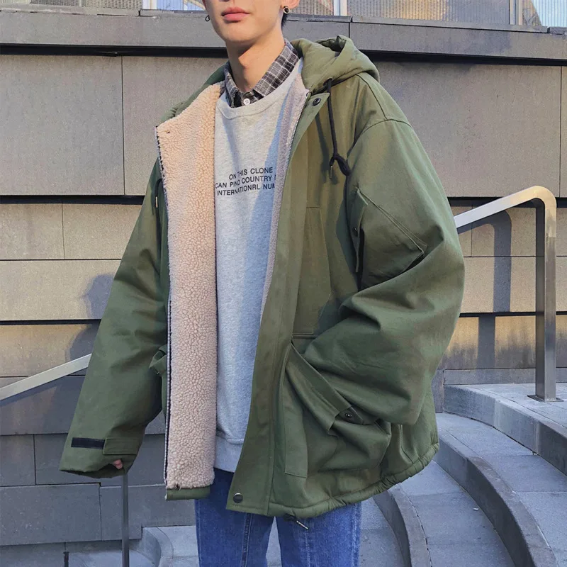 Winterjas Mannen Warm Mode Gevoerde Lam Bont Jas Mannen Streetwear Losse Katoenen Korte Jas Heren Oversized Bovenkleding S-XL