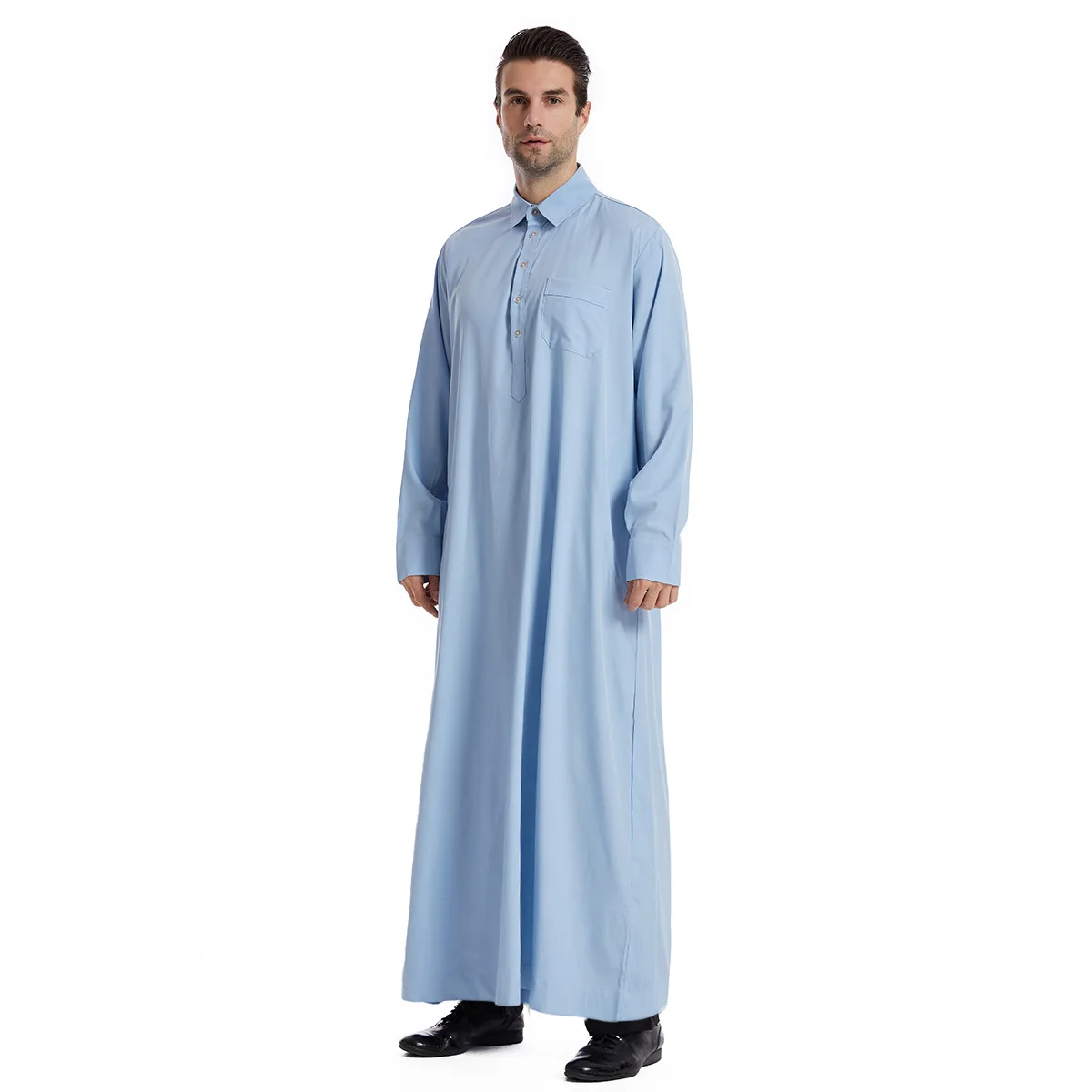 Męska muzułmańska szata islamska Ramadan Juba Kaftan Dishdash arabska szata jednokolorowy kołnierzyk z długim rękawem luźny T-shirt sukienka tunika