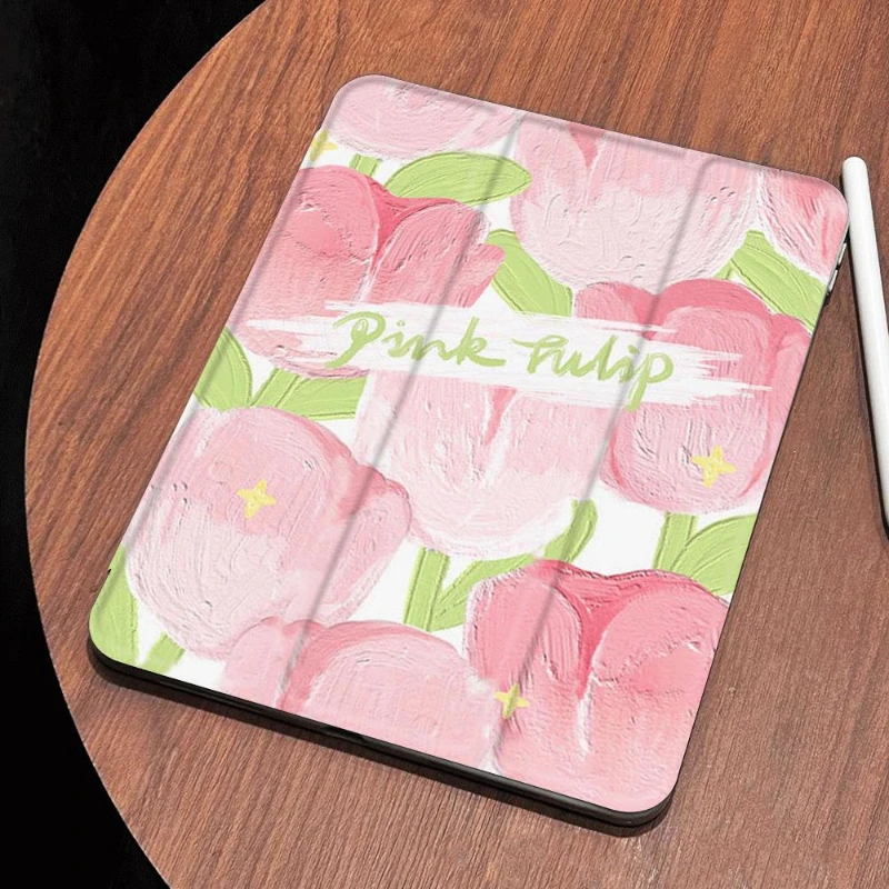 

Ipad 2017 10.5 Inch Pink Tulips Tri-fold Funda for IPad Air 5 4 10.9 Cases IPad 10th Generation 10.2 7th 8th 9th Gen Tablet Case