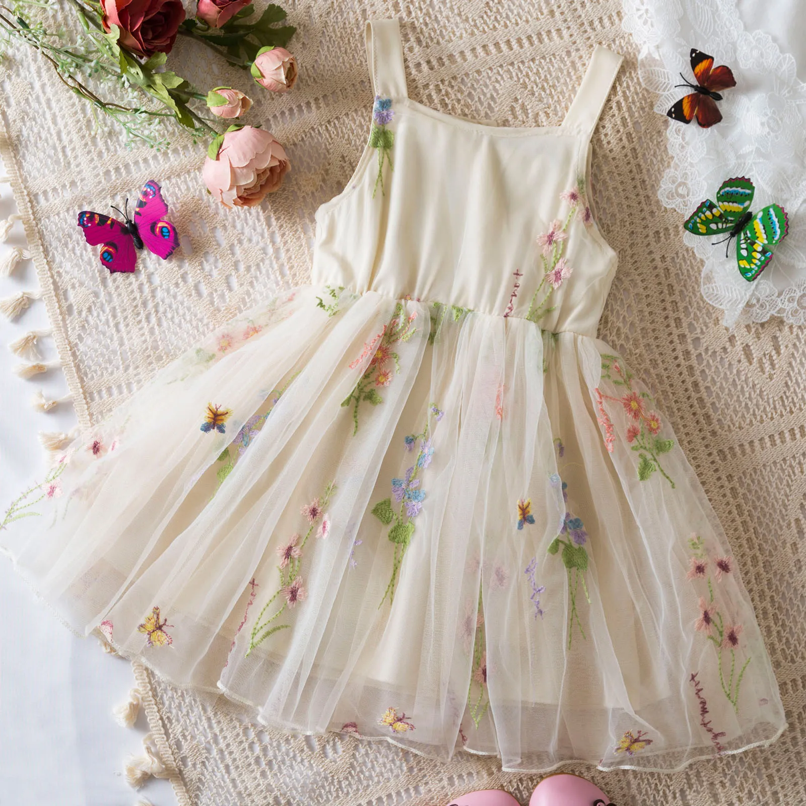 1-5Y Toddler Girls Mesh Patchwork Suspenders Dress Fuffy Tulle Tutu Princess Dress Summer Baby Girls Embroidery Flower Dresses