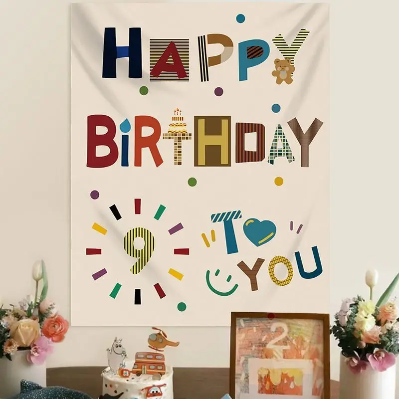 VIKAMA Happy Birthday Backdrop Tapestry, Colorful Geometric Alphabet Wall Hanging, Cute Kids' Party Photo Backdrop, Home Decor