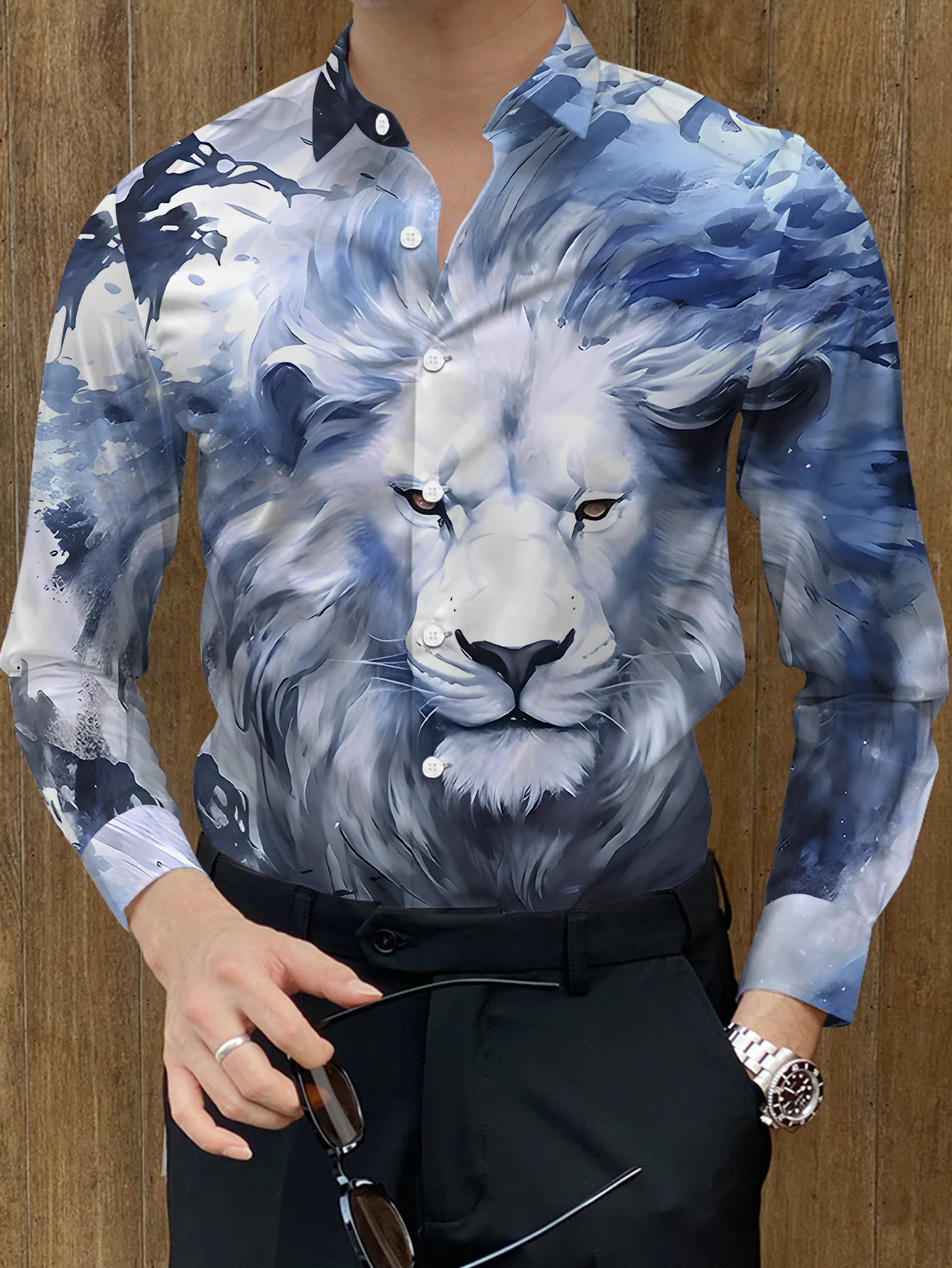 Trendy Men Button‑Up Shirt Blue Gradient Artistic Lion Beast Watercolor Print Polyester Streetwear Party