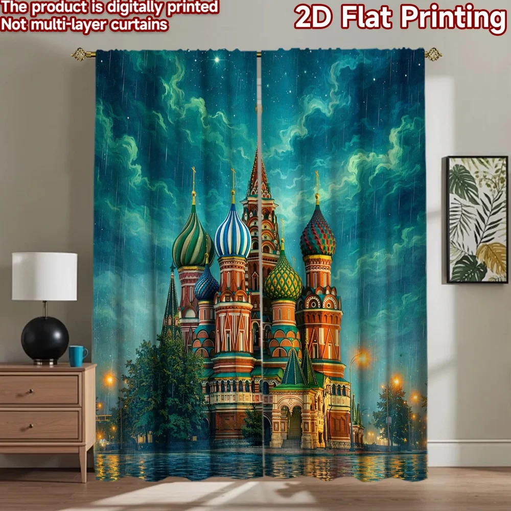 2D flat printing 2pcs Curtain Drapes Rainy Night Cathedral Digital Printed Polyester Drapes Birthday Party Use for All Season