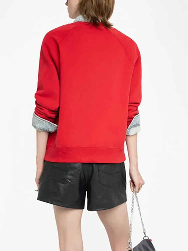 2 ألوان البلوز المرأة التصحيح التطريز رسالة س الرقبة فضفاضة سيدة البلوفرات غير رسمية خريف 2025