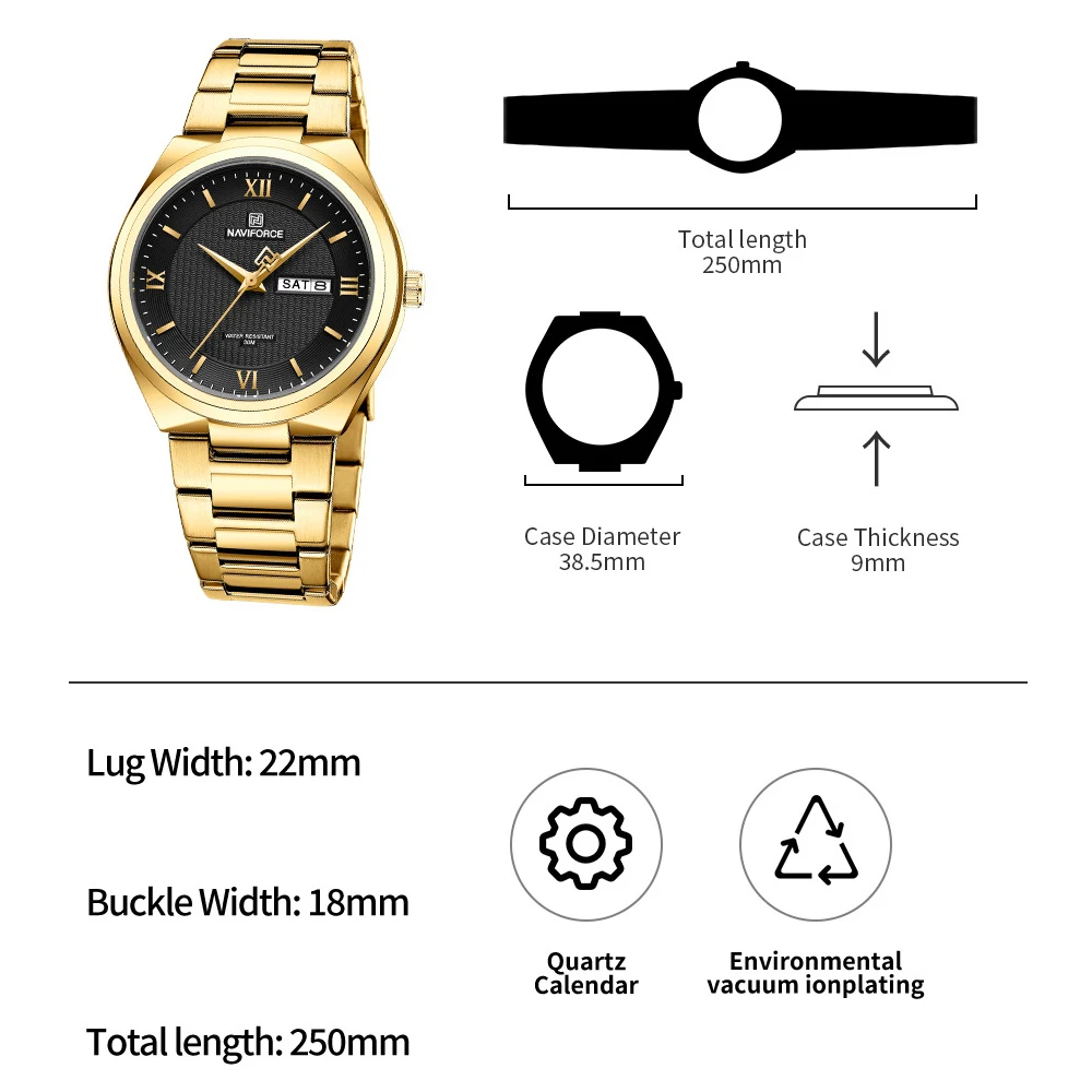 NAVIFORCE Luxury Mens Watches Stainless Steel Golden Strap Quartz Watch fro Men Waterproof Date Wristwatch Relogio Masculino