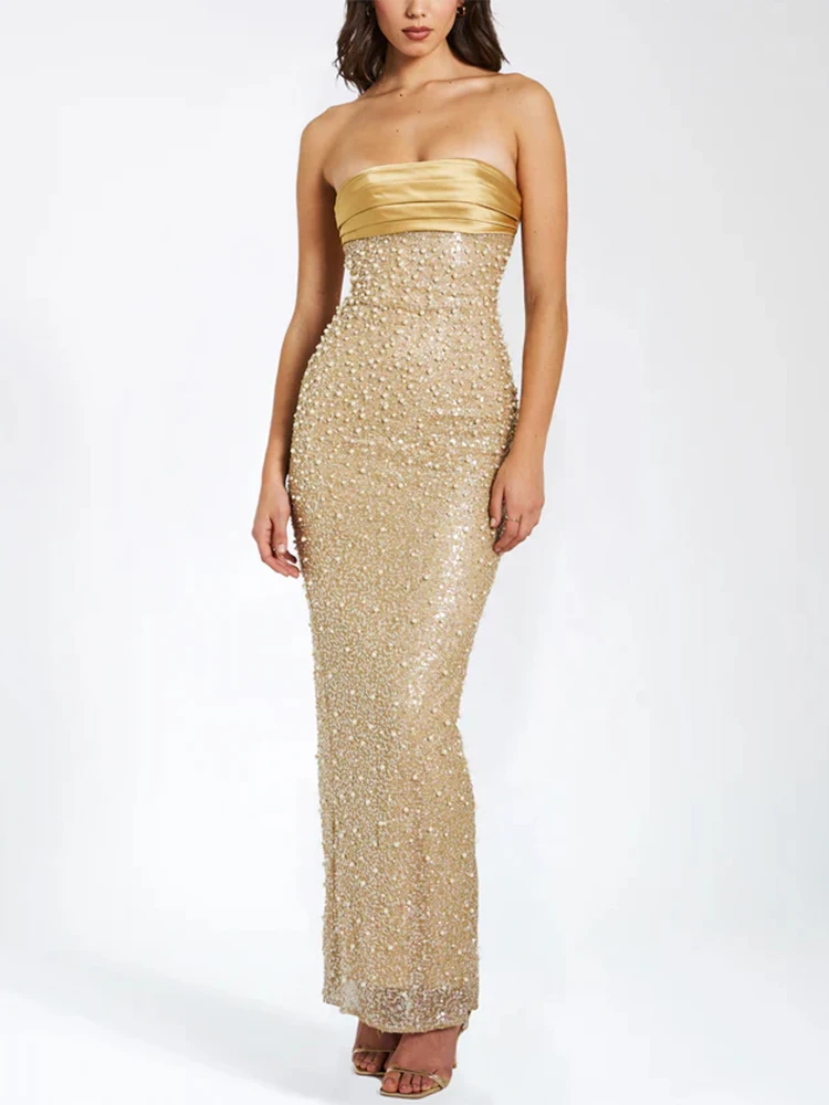 

Ailigou 2024 New High-Quality Summer Women's Gold Strapless Sequin Pearl Bead Tight Long Dress Elegant Party Evening Dress